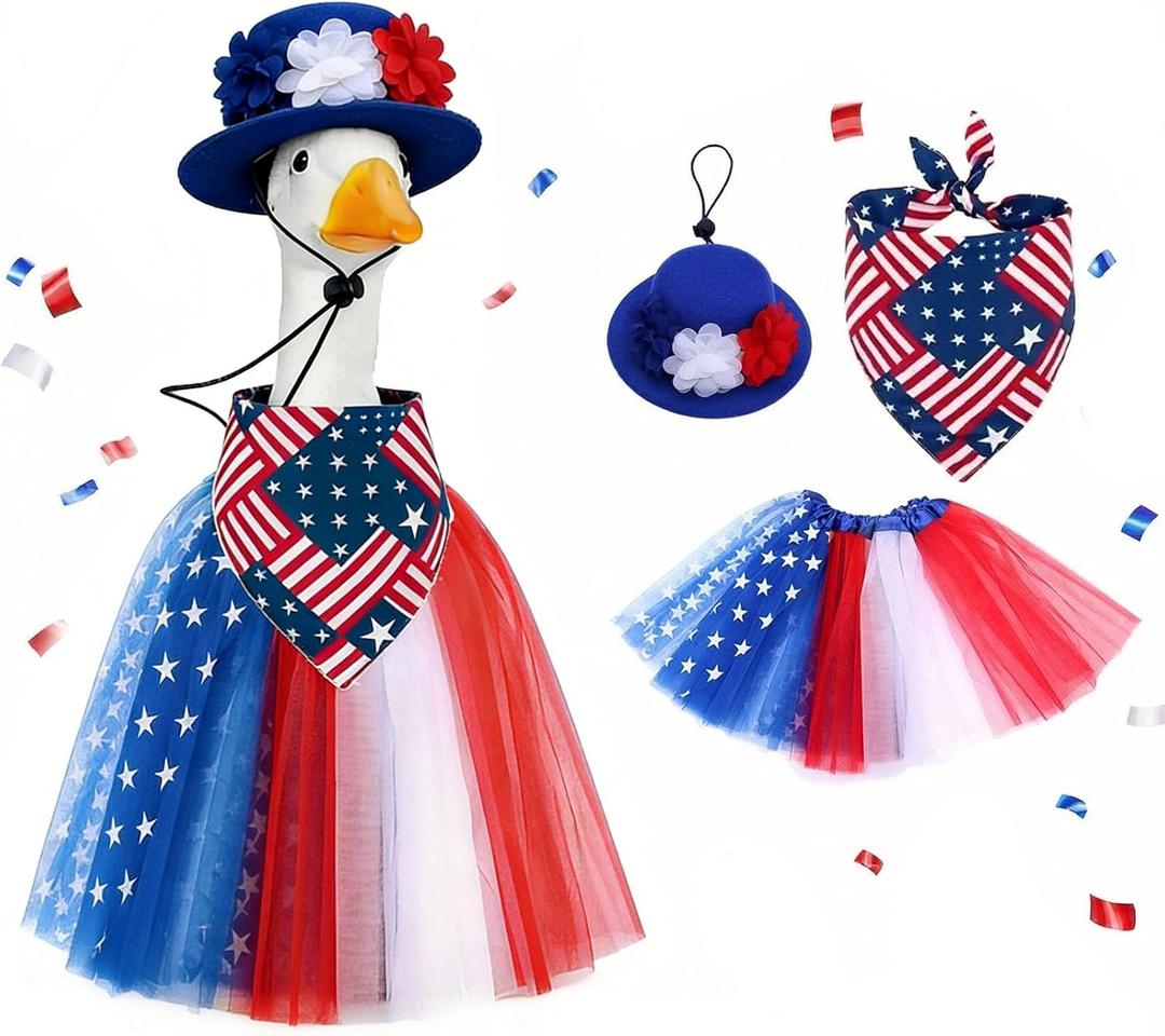 4th of July Porch Goose Outfit - 3PC Patriotic Costume Set with Hat, Flag Bandana & Tutu Skirt for 23" Lawn Goose Statues, Independence Day Yard Decor