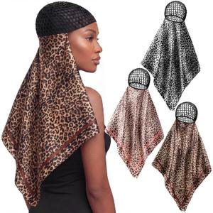 3 Pcs 2 in 1 Wrap Hair Net with Scarf, Doobie Hair Wrap Women Heatless Silk Press Netted Scarf Easy-to-use for Nighttime Care, Sleep & Shower Cap(Chic Leopard,Coffee Pink Gray)