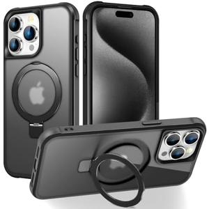 CHAOFEnG Magnetic Compatible with iPhone 15 Pro Case with Stand [Military Grade Drop Tested][Compatible with Magnet] Ring Translucent Slim Hard Back Soft Edge, Black