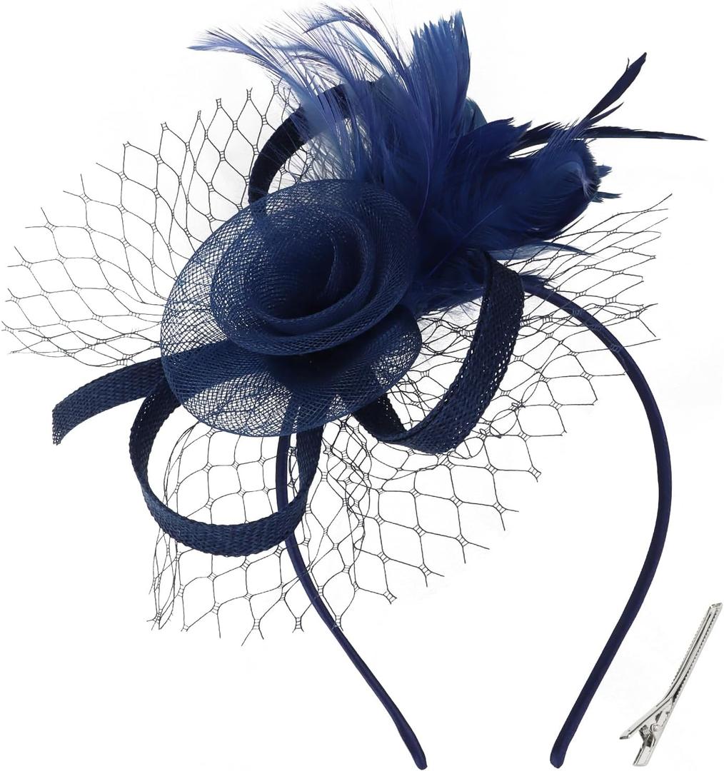 Fascinators Hats for Women Tea Party Hat with Feather Fascinator Hat Headband Derby Hats for Women Girls Tea Party (Blue)