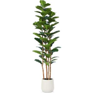 Artificial Fiddle Leaf Fig Tree with White Planter, 6ft Tall Fake Tree with Natural Wood Trunk for Home Decor, Faux Ficus Tree Fake Moss for Indoor Office Living Room