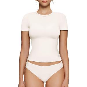 OEAK Womens T-Shirts Short Sleeve Shirts Crew Neck Basic Tees Soft Smoothing Seamless Tshirts Slim Fit Going Out Trendy Tops (White, M)