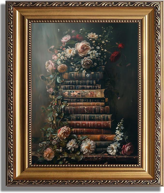 Framed Vintage Floral Wall Art - Moody Flowers Books Art Oil Painting, Vintage Wildflowers Dark Academia Floral Gallery Wall Decor Picture, Rustic Country Canvas Decor for Living Room Office 12''x16''