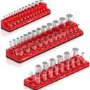 Olsa Tools Magnetic Socket Organizer - 3-Piece Drive SAE Socket Holder Set with Strong Magnets - Professional Tool Holder and Organizer - Stores up to 68 Sockets - Red - Part: 1150