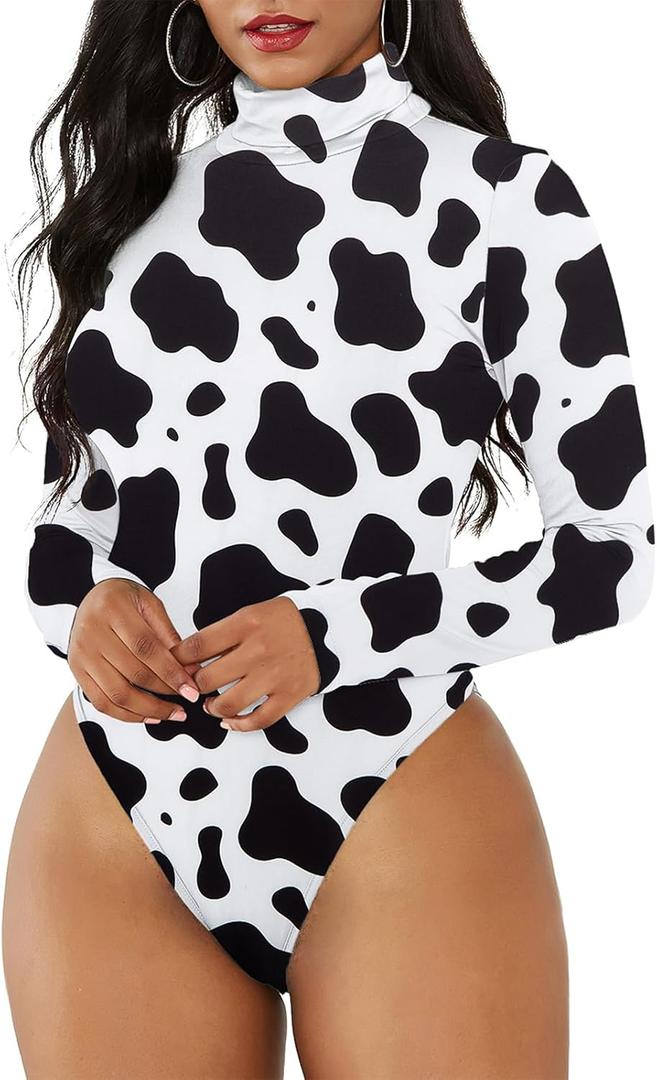 American Trends Bodysuit for Women Body Suit Long Sleeve Bodysuit Tops Turtleneck Leotards Shapewear (X-Large US:16-18, Cow Print)