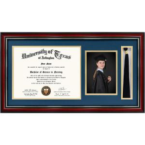 GraduationMall 11x22 Cherry Diploma Frame with Tassel Holder and Picture for 8.5x11 Certificate 5x7 Photo,Tempered Glass,Navy Blue over Gold Mat