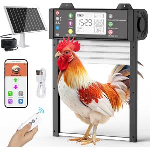 Automatic Chicken Coop Door, Solar Chicken Door with Tuya App, Door Status Detection, WiFi Reconnection, Auto Chicken Door with Light Sensor, Timer, Anti-Pinch, 4000 mAh USB Rechargeable