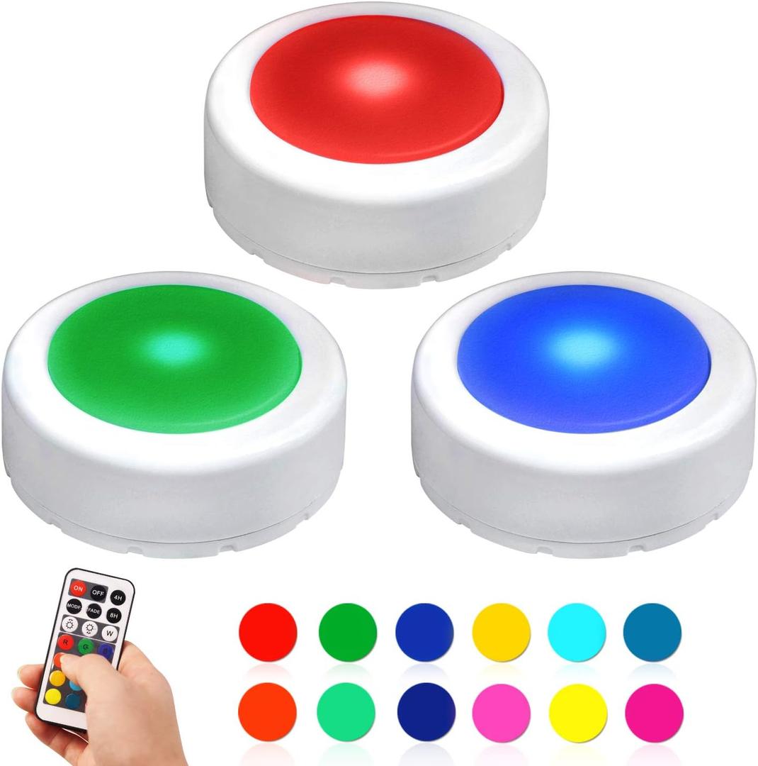 Novelty Place LED Puck Lights with Remote Control - Dimmable Under Cabinet Closet Lighting - Battery Operated Tap Lights - 12 Preset RGB Color Changing Adhesive Sticky Night Light with Timer (3 Pack)