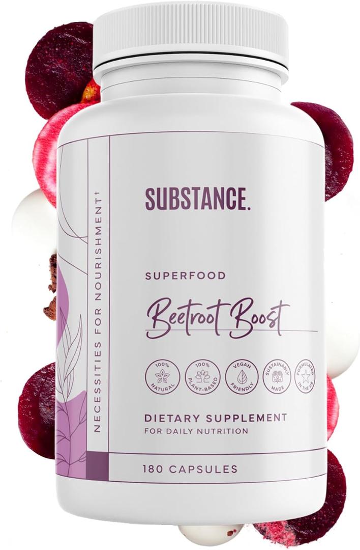 SUBSTANCE. Beetroot Boost Capsules - 4500mg per Serving, 30 Days Beet Root Capsules Supply  Beets Supplement with Vitamin-C & Manganese  Natural Nitric Oxide & Energy Booster Beet Root Powder  USA