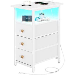Yoobure End Table with Charging Station, LED Narrow Side Table Bedside Table, Small Night Stand End Tables Living Room, Skinny Nightstand with 3 Fabric Drawers, Side Tables Bedroom for Small Spaces (White)
