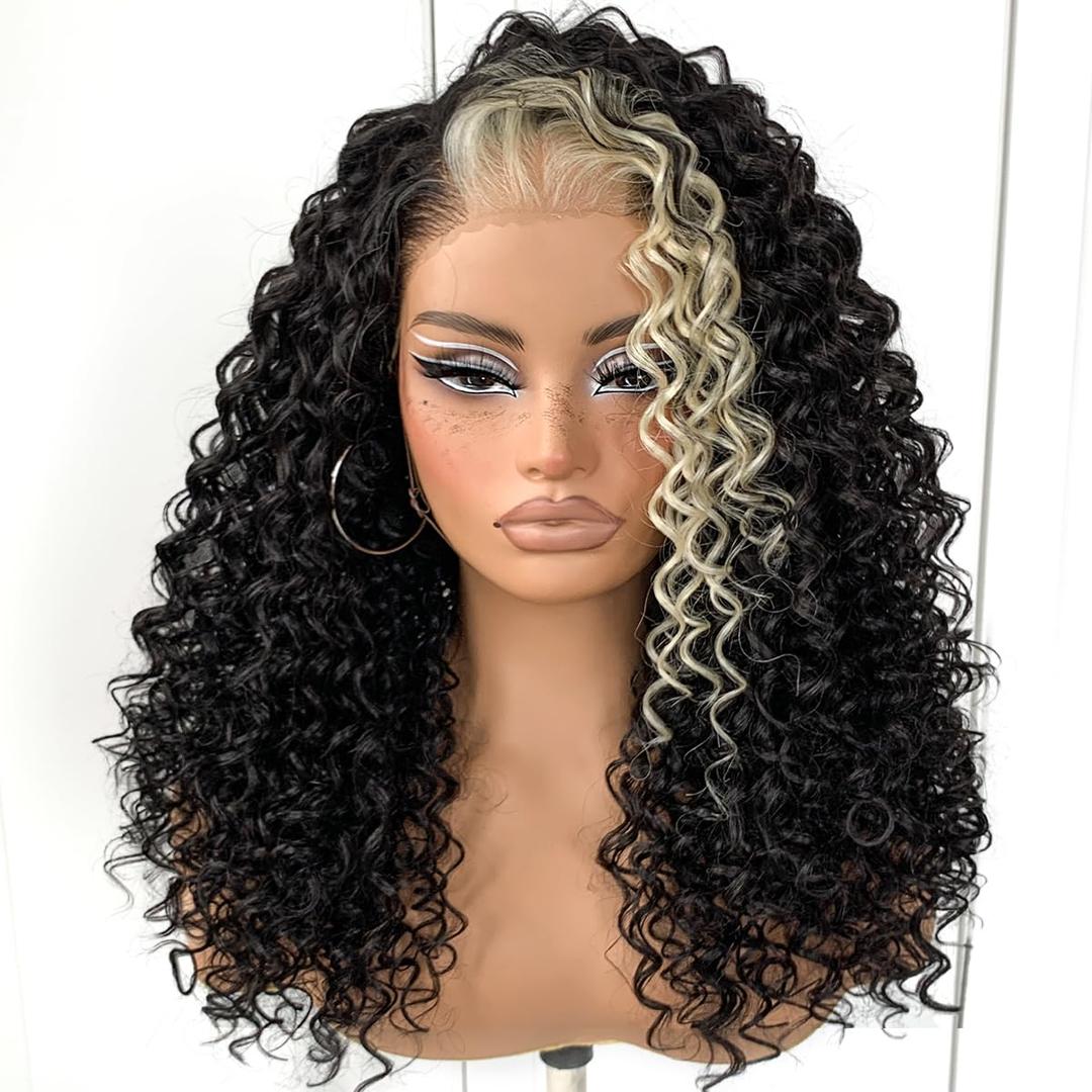 13x6 Skunk Stripe Curly Wig Wear And Go Glueless Synthetic HD Lace Front Afro Wig Pre-Plucked Pre-Cut Afro Curly Layered Wig