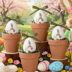CHENGU 4 Pcs Easter Eggs Bunny Potted Table Decorations Vintage Rustic Easter Eggs Table Centerpieces with Rabbit Sticker Grass Pots Green Ribbons for Home Farmhouse Spring Party Gifts