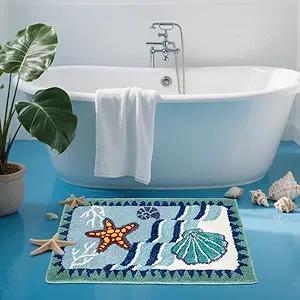 Coastal Beach Bathroom Rug Blue Shell Bath Mat Tufted Non Slip, Machine Washable Cute Kids Sea Bathtub mat Bathroom Bedroom Decoration 31.5x19.7 inches (Sea Star)
