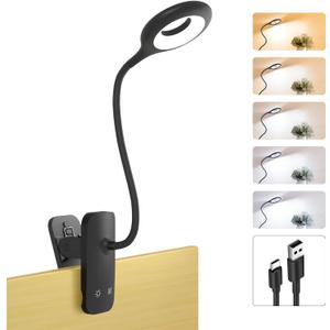 Clip on Light Rechargeable with Large Clamp, Battery Operated Bed Headboard Reading Lamp - 5 Colors 5 Brightness, Flexible Arm Book Light at Night for Kids Desk Bunk Metal Bed Frame (Black)