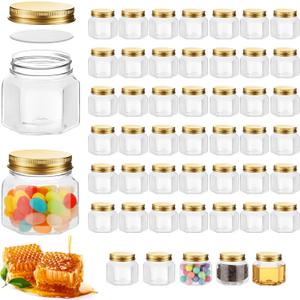 Dandat 50 Pcs 3 oz Hexagon Plastic Jars with Lids Mini Small Wide Mouth Honey Jars for Party Wedding Favors, Baby Shower, DIY Gift, Spice, Jelly, Herb, Jams, Candy(Gold)