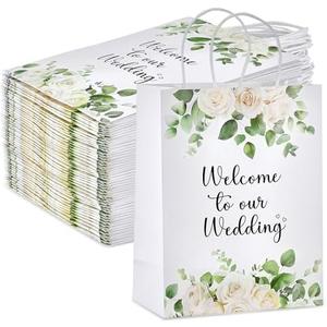 Kolldenn 50 Pcs Welcome to Our Wedding Gift Bags for Hotel Guests Bulk, Paper Wedding Welcome Bags with Handles for Bridal Shower Gifts Engagement Party Favors(White,Roses)