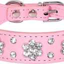 Serijoars Rhinestone Dog Collar, Cute Flower Rhinestone Bling Collar PU Leather Adjustable Sizes XS Small Medium (S, Pink)