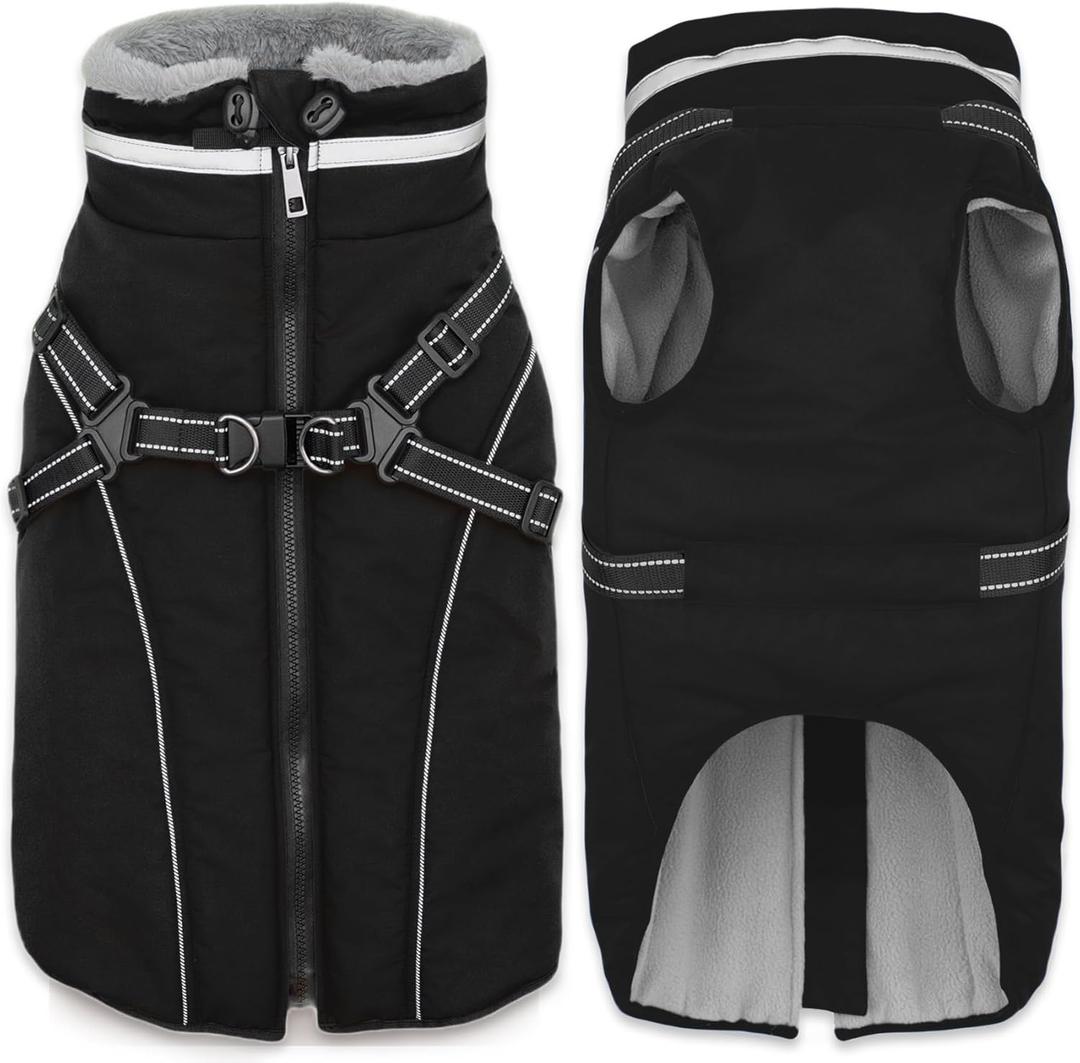 Fragralley Dog Coat with Harness Built in, Waterproof Windproof Reflective Warm Puffer Jacket, Fleece Lined Vest Winter Parka for Large Dogs (Black)