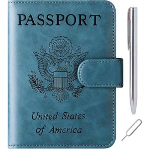 Passport Holder Cover Wallet Travel Essentials Leather Rfid Blocking Case Vacation Luggage Must Haves Travel Accessories for Men Women (120#Blue)
