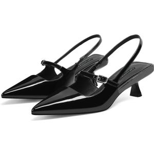 MIRAAZZURRA Slingback Kitten Heels Pumps Pointed Toe Low Heel Slip On Dress Shoes with Buckle Strap for Dating Party Working (10, Black)