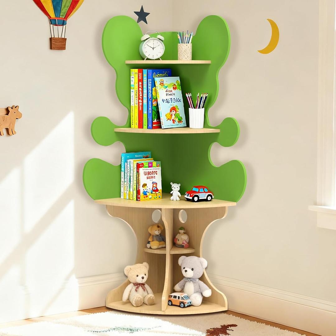 Bookshelf for Kids, Children Bear-Bookshelf, Space-Saving Montessori Toddler Corner Bookcase for Nursery, Classroom, Kindergarten, Kids Rooms