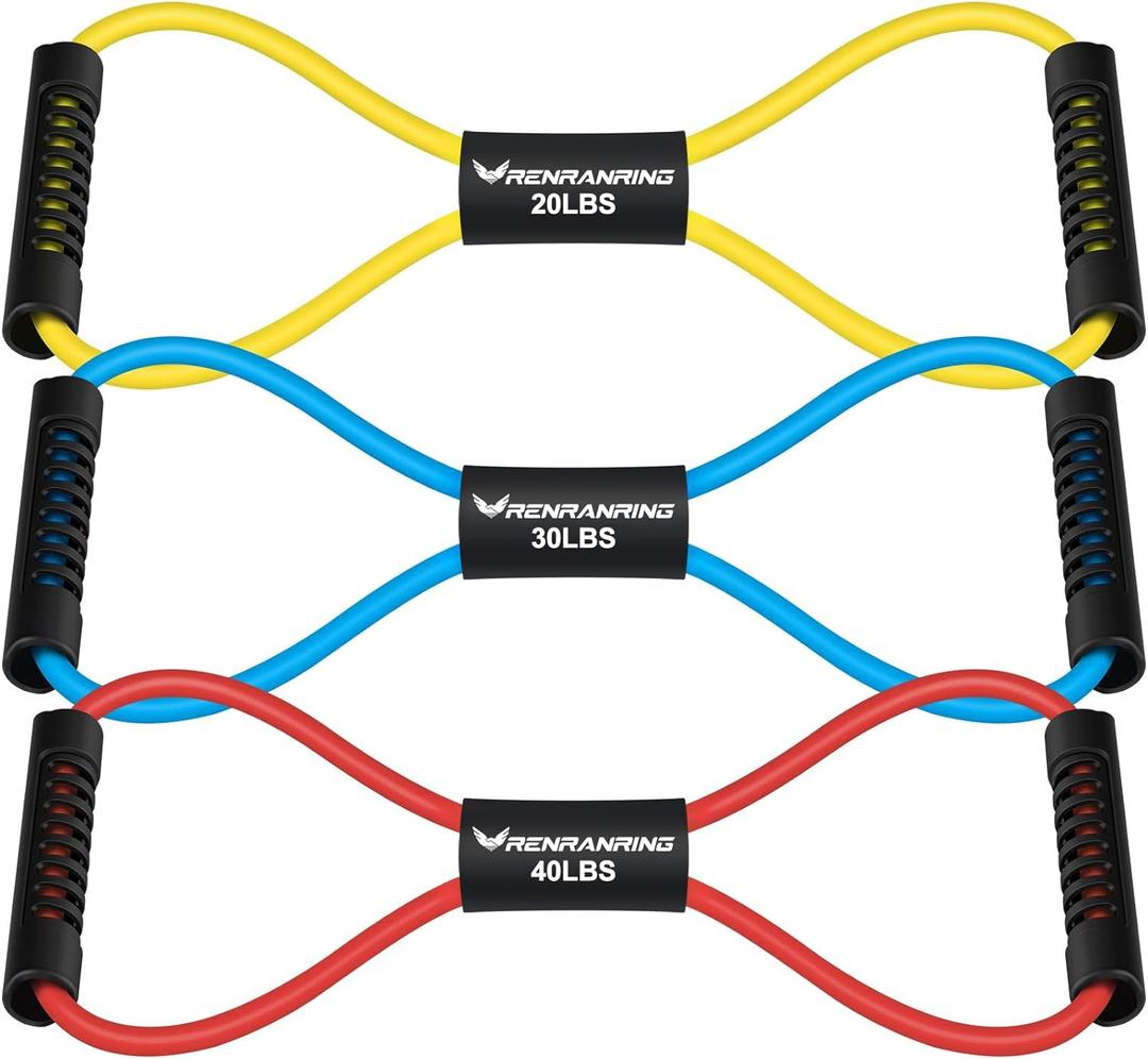 RENRANRING Figure 8 Fitness Resistance Bands with Handles - Exercise Tube Band Set of 3 for Arm and Shoulder Stretch, Rope 8 Word Elastic for Women and Men (Yellow, Blue, Red)
