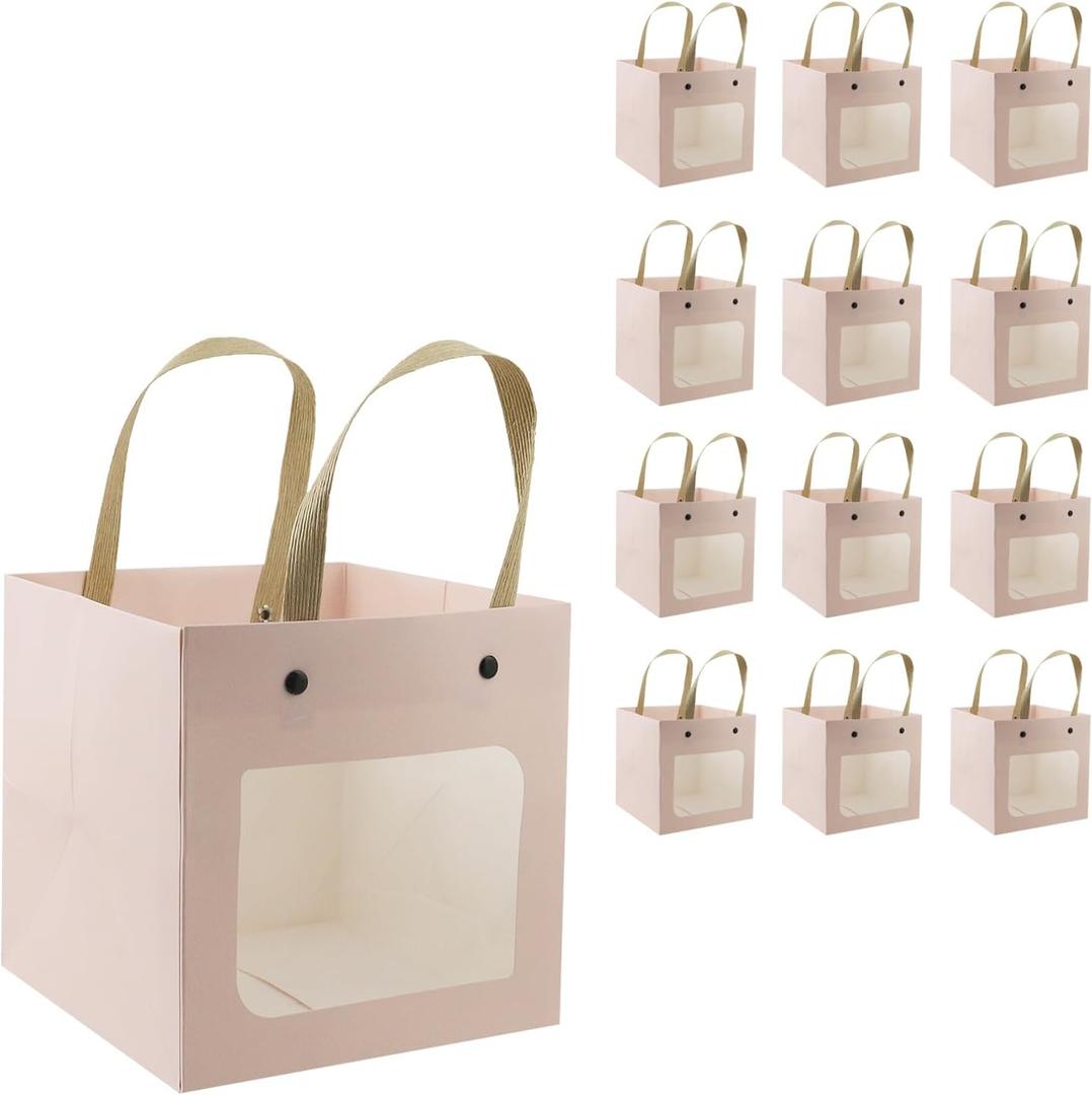 Nicerity 12Pcs Small Square Gifts Bag with Transparent Window 5.9"x5.9"x5.9" Paper Bag with Handle in Bulk Paper Basket for Birthday Party Favor (Pink)