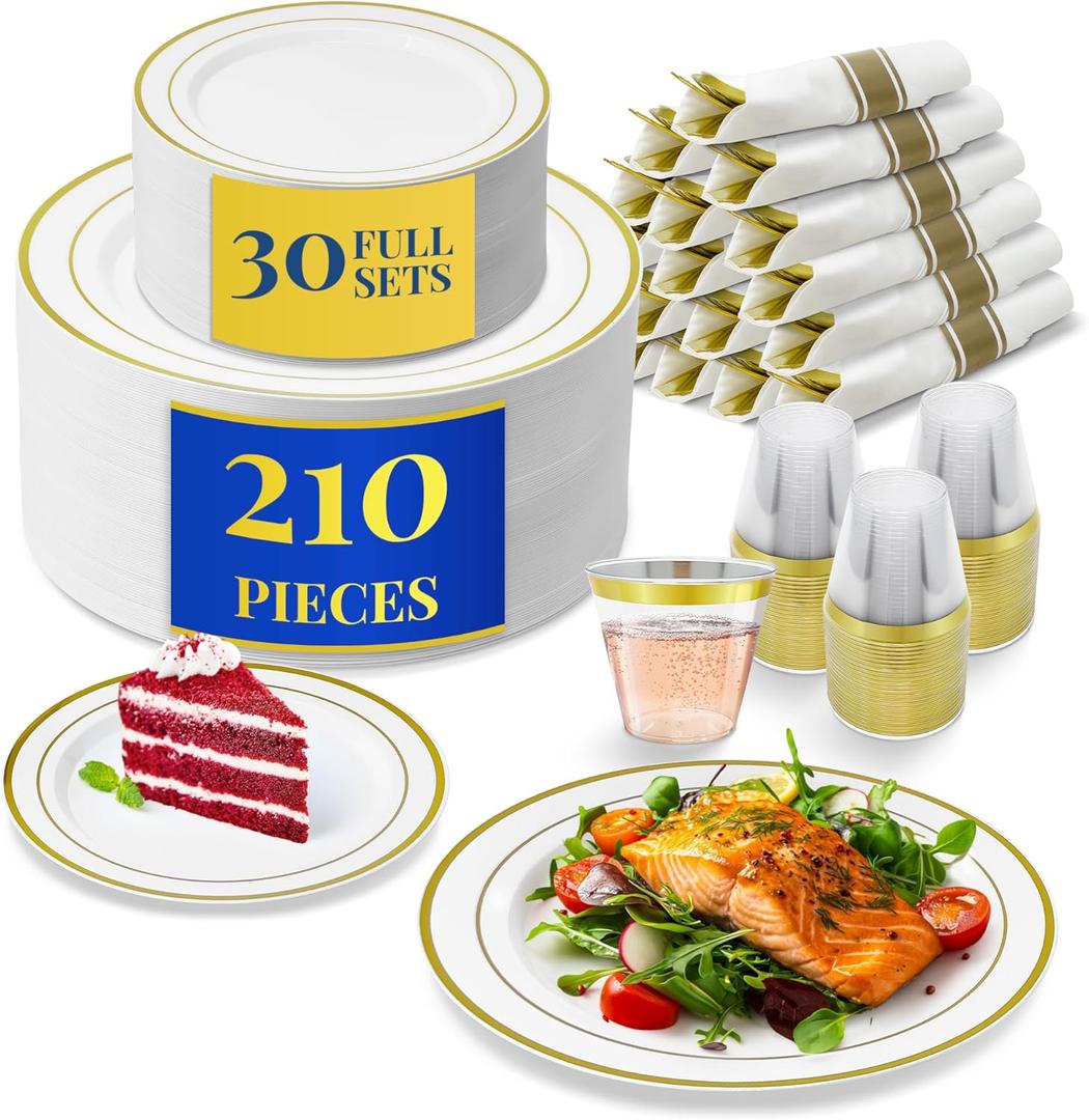 Reli. Plastic Plates for Party | 210 Pieces | White w/Gold Rim | Plates and Napkins Party Supplies | Disposable Dinnerware Set for 30 Guests | Dinner & Dessert Pack, Pre-Rolled Gold Cutlery Set, Cups