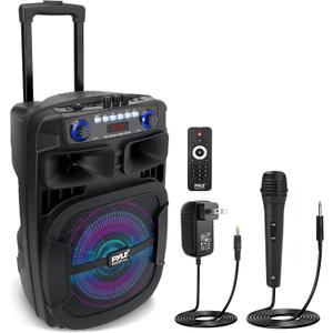 Pyle Portable Bluetooth PA Speaker System - 800W 12 Inch Outdoor Speaker with Built-In Party Lights - USB/SD Card Reader, FM Radio, Extendable Handle w/ Wheels - Includes Wired Microphone & Remote