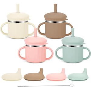 Upgrade Stainless Steel Baby Sippy Cups, 7.4 Oz Spill Proof Toddler Straw Cups, 3 Stages Training Cup for Toddlers 1-3 Year, Kid Cups with Silicone Sheel and Straws, 4 Colors (Pink+Green+Beige+Brown)