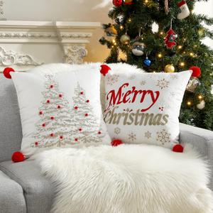 Christmas Throw Pillow Covers, 2 Pack Christmas Letter Snowflake Christmas Tree Embroidery 18x18 Pillowcases Home Xmas Decorative Soft Cushion Covers for Sofa Bed Chair (White+red)