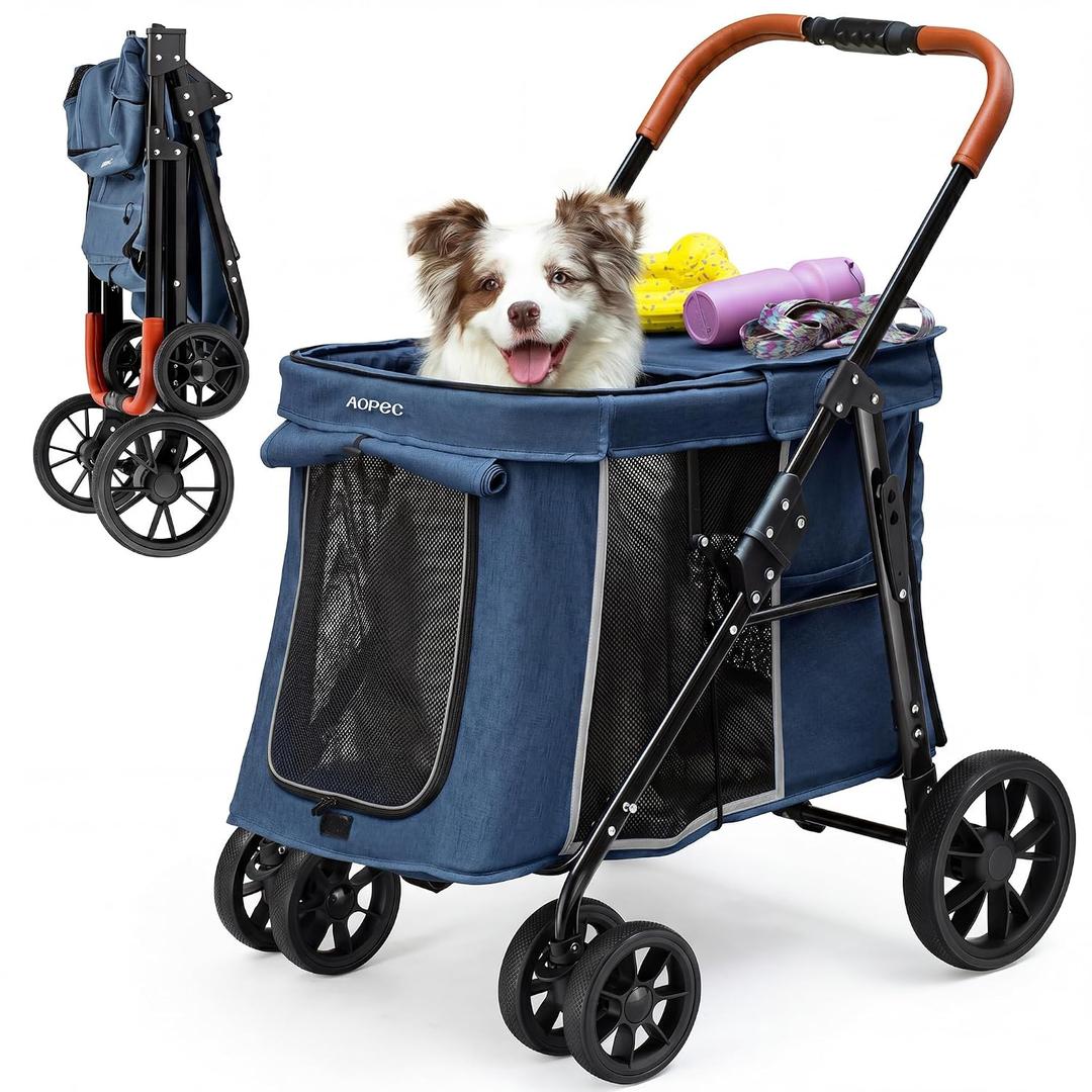 Medium Dog Stroller, Dual Entry One-Touch Folding,Small and Medium Pet Stroller,360 Rotating Front Wheels,70 lbs Weight Capacity for Outdoor Travel and Elderly Dogs - Blue
