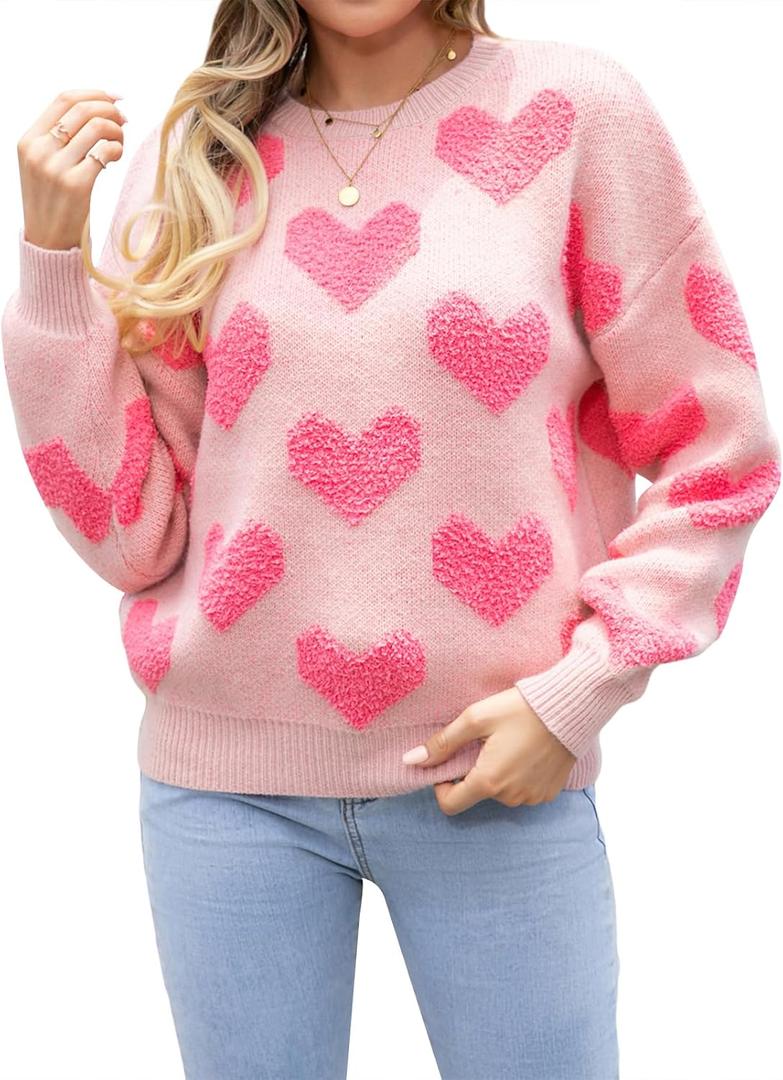 Heart Sweater for Women Valentines Cute Print Crewneck Long Sleeve Oversized Love Sweaters Knit Pullover Tops (X-Large, Dark Pink)