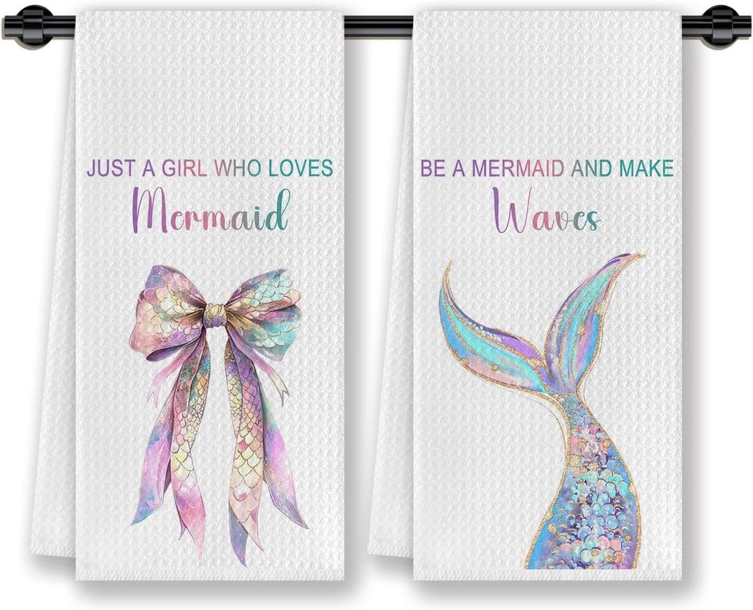 Coquette Bow Mermaid Coastal Beach Kitchen Dish Towels, Mermaid Gifts for Women Girls, Glitter Mermaids Tail Decorative Hand Tea Towels for Kitchen Bathroom, 16x24 Inches Set of 2