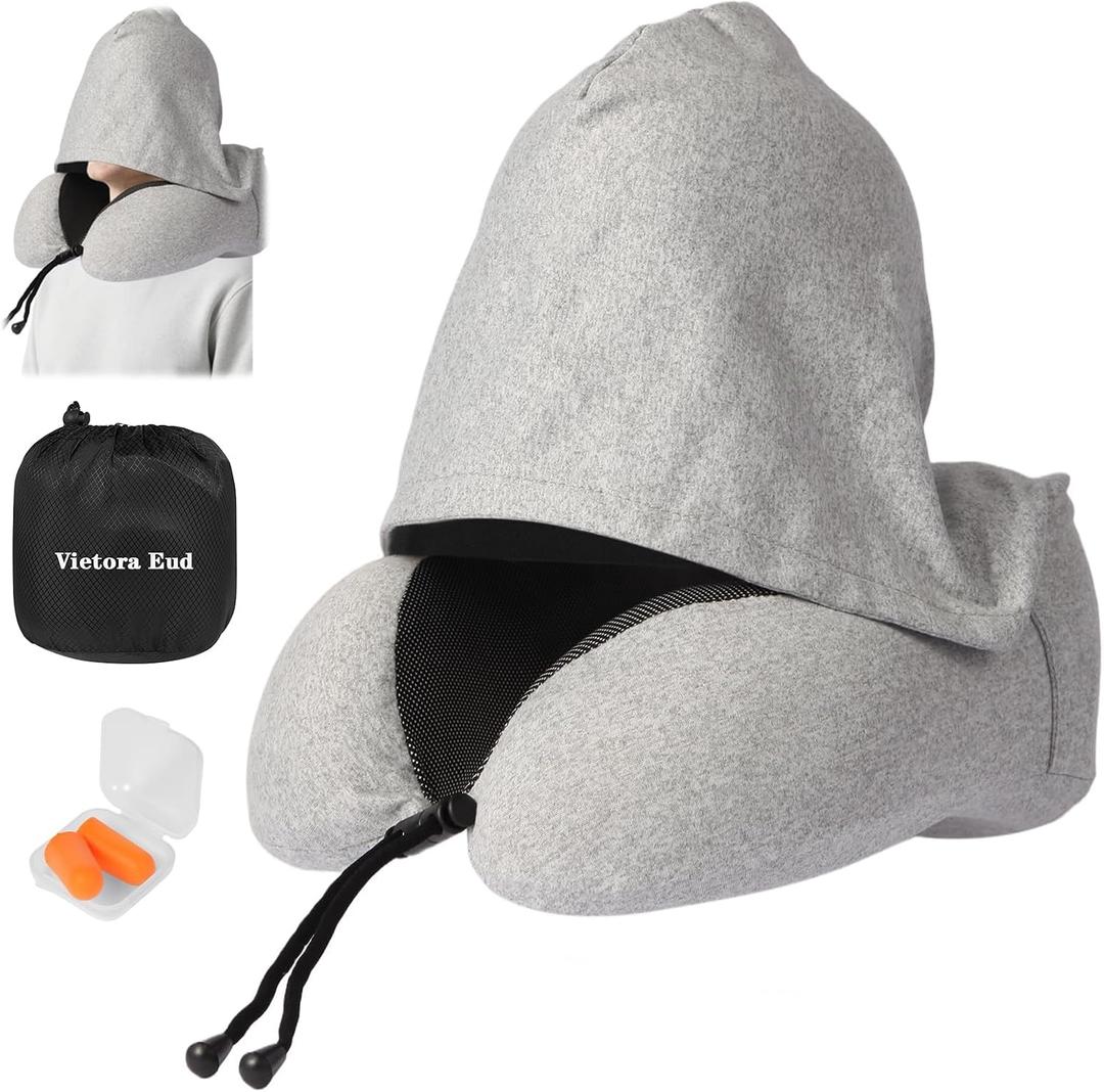 Travel Neck Pillow with 100% Light-Blocking Hood Ergonomic Memory Foam Support Pillow for Airplane, Long Flights, Road Trips, Office and Car, Full Head and Neck Support with Skin-Friendly Cover