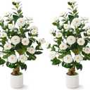 2 Pcs Artificial Camellia Tree, 38" Artificial Tree Plants Outdoor Faux Plants in Pot, Artificial Flower for Outdoors Front Porch Decor, Greenery Faux Fake Tree Plant for Indoor Outdoor Home Decor (White)