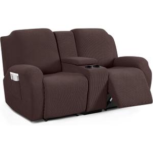 TAOCOCO Loveseat Recliner Cover with Middle Console, Stretch Loveseat Cover for 2 Seat Recliner Couch, Jacquard Reclining Sofa Covers Loveseat Slipcover Furniture Protector, Dark Coffee