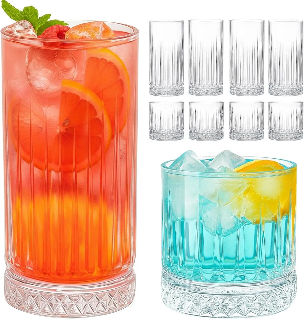 Ruckae Drinking Glasses Set of 8.15 oz and 7 oz Kitchen Water Glass Cups Set, Clear Ribbed Glassware Dishwasher Safe, Mixed Drinkware for Beer, Juice, Cocktail, Whiskey, Milk and Various Mixed Drinks (Slim-waisted)