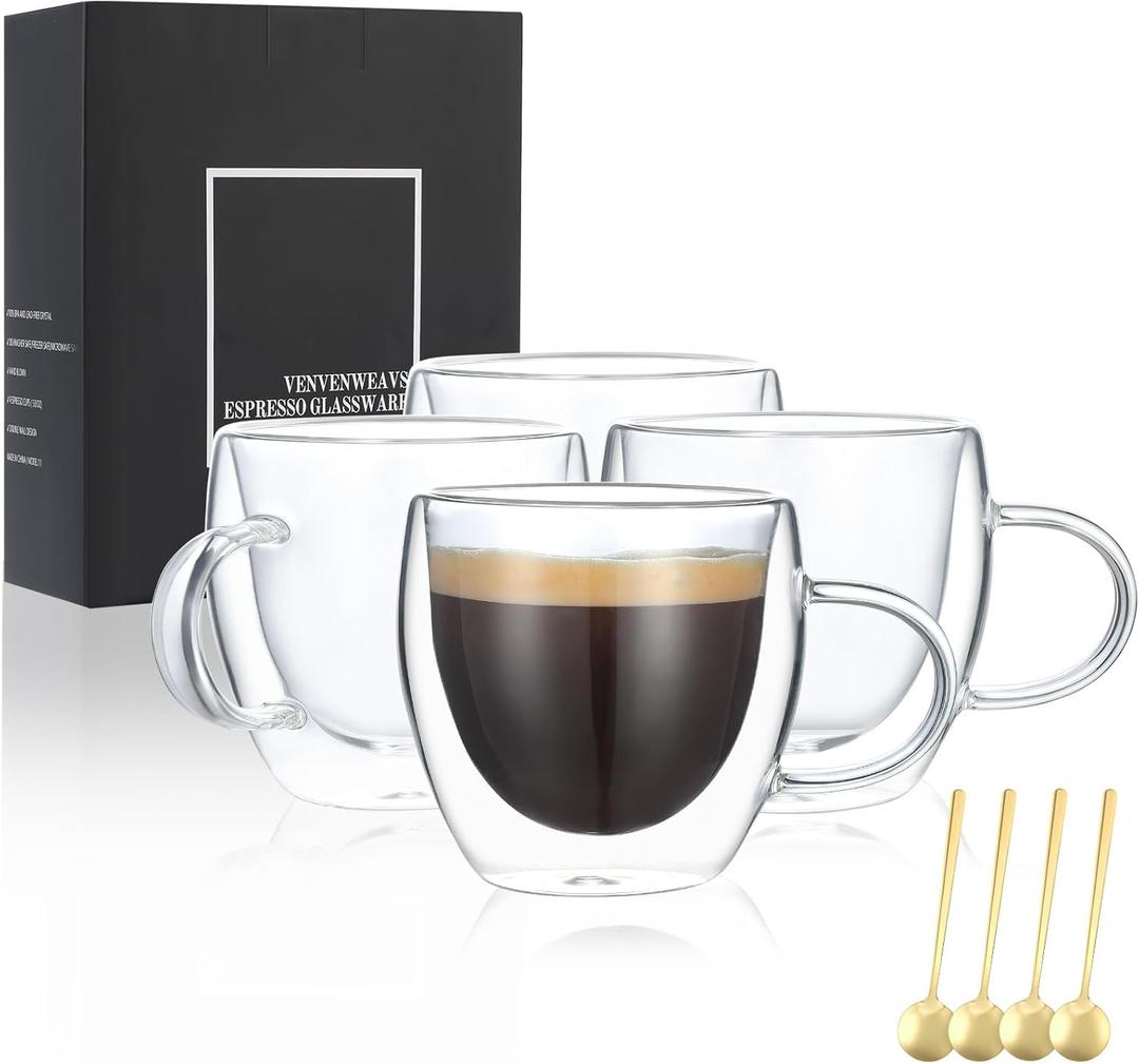 VENVENWEAVS Espresso Cups Set Of 4,Double Wall 5OZ Hand Blown coffee Shots Glass,Espresso Coffee Mugs In Gift Box,Perfect For Espresso,Latte,Cappuccinos,Tea Bag,Juice