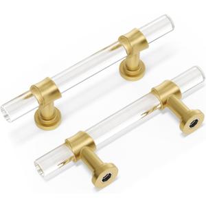 Peaha 10 Pack 3 Inch Acrylic Cabinet Pulls Gold Drawer Handles Brushed Brass Hardware Zinc Alloy for Dresser Cupboard Kitchen (3in(76mm) Hole Center)