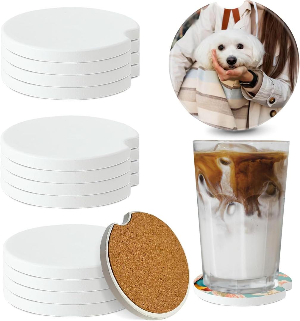 12Pcs Ceramic Sublimation Blanks Car Coasters Car Cup Holder Coasters with Circular Opening Printing Coaster Blanks for DIY Craft Heat Transfer
