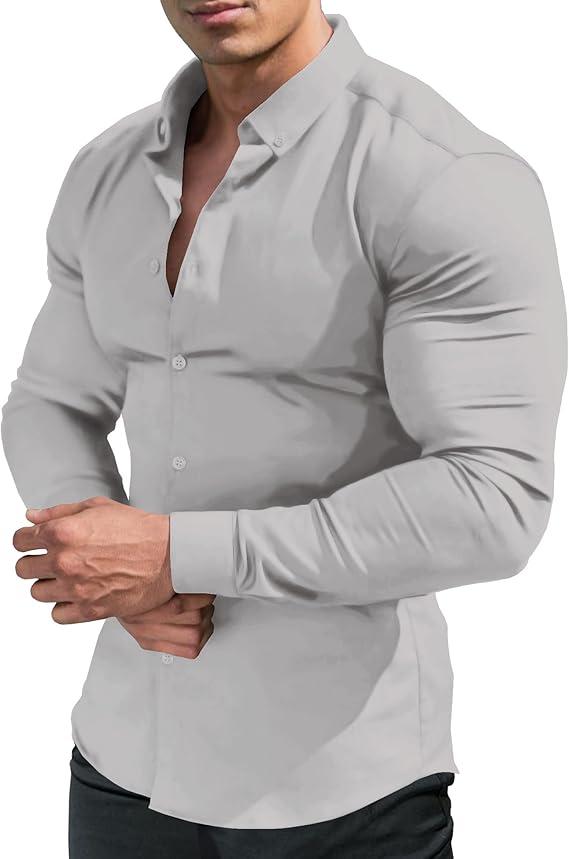 URRU Men's Muscle Dress Shirts Slim Fit Stretch Long&Short Sleeve Casual Button Down Shirt, S 
