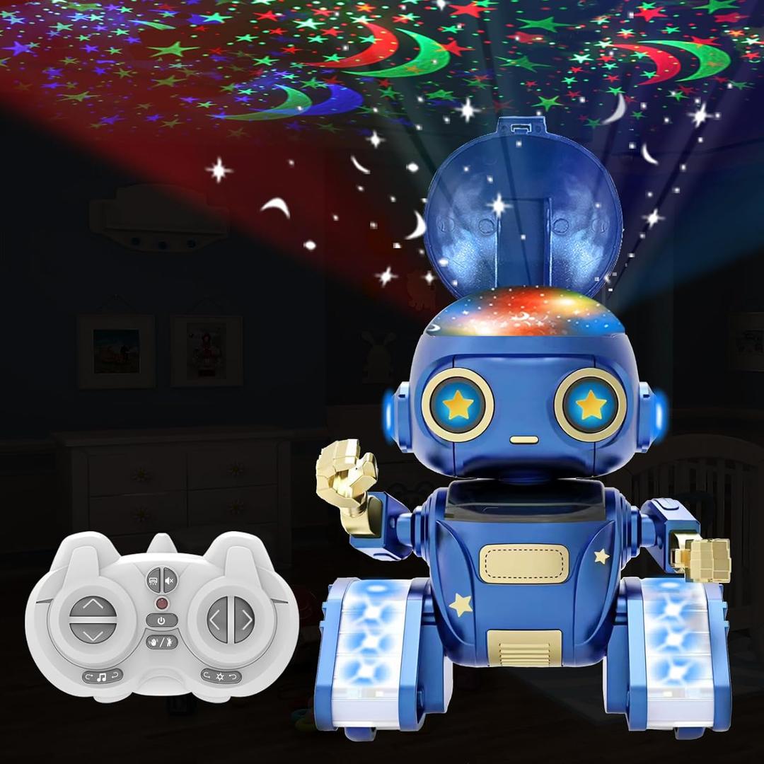 Aikmi Robot Toys for Kids 5-7, Rechargeable Remote Control Robot with Projector Night Light for Kids, Gesture Sensor, Music, Toys for 6 Year Old Boys Girls Birthday Present Boy Toy (Blue)