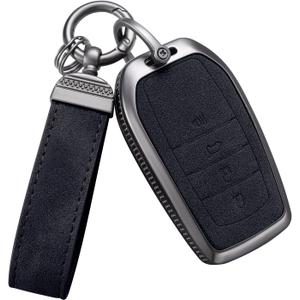 YO&YOYE Compatible with Toyota Key Fob Cover with Keychain Leather Key Case Protector for Avalon Camry Corolla RAV4 Sequoia Highlander Smart Key (Model2, Black)