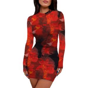 WIHOLL Women's Mesh Sheer Long Sleeve Ruched Mini Dress Sexy Bodycon Mock Neck Cocktail Party Club Spring Dresses 2026 (02 - Red Print)