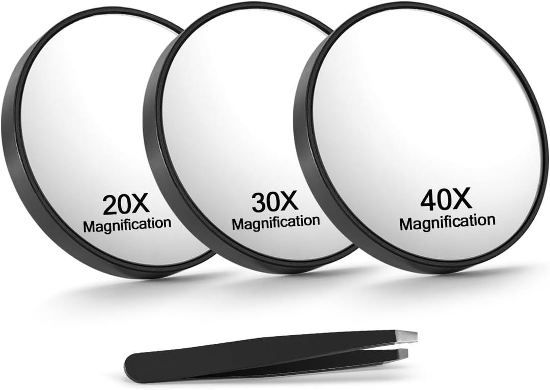 20X/30X/40X Magnifying Mirror with Suction Cups and Tweezers Set, 3.5 inches Travel Magnified Makeup Mirror, Black, 3PCS (Black-20x&30x&40x)