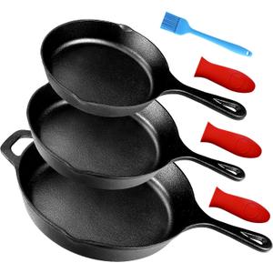 Suteck Cast Iron Skillets 3-piece set | 6", 8" & 10" Pre-Seasoned Cast Iron Pan with 3 Silicone Heat-Resistant Holders - Indoor and Outdoor Use - Oven Grill Stovetop Induction Safe Cookware