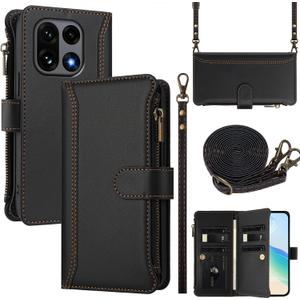 Wallet Case for Oneplus 15, with 1 Long Shoulder Strap, 1 Short Wrist Strap, 9 Card Slots, 1 Cash Pocket, Wireless Charging, Magnetic Closure, Kickstand (Black)