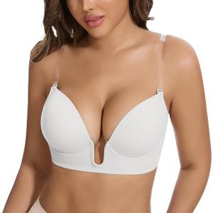 JOYSHAPER Plunge Bras for Women Backless Push Up Bras Low Cut Padded Bras Shaper Convertible with Clear Straps Dress Bra, S