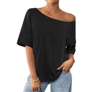 SOFIA'S CHOICE Women Off The Shoulder Tops Summer Casual Loose Boat Neck Short Sleeve T Shirt Black X-Large